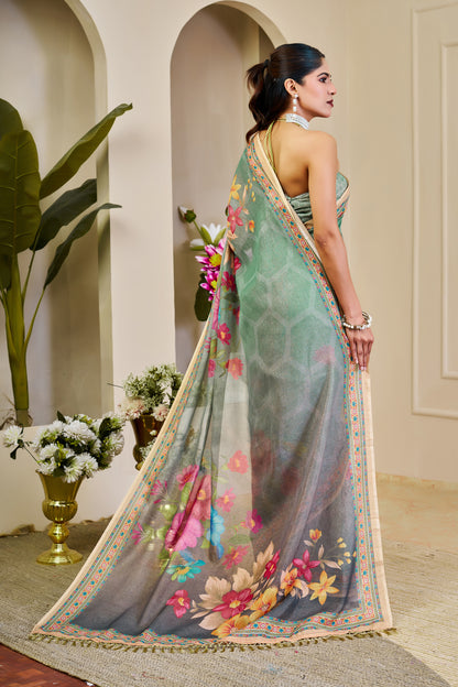 Sea Green Tissue Silk Saree with Multicolour Floral Design, Decorative Border and Running Blouse for Festive Wear