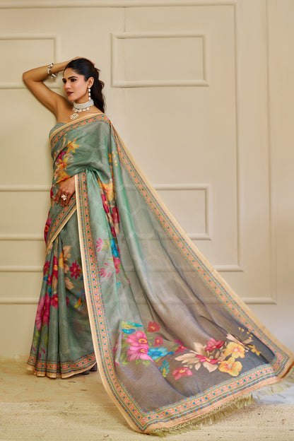 Sea Green Tissue Silk Saree with Multicolour Floral Design, Decorative Border and Running Blouse for Festive Wear