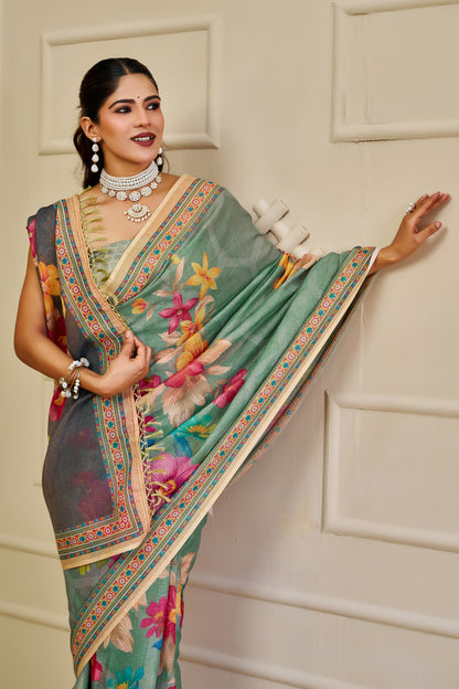Sea Green Tissue Silk Saree with Multicolour Floral Design, Decorative Border and Running Blouse for Festive Wear