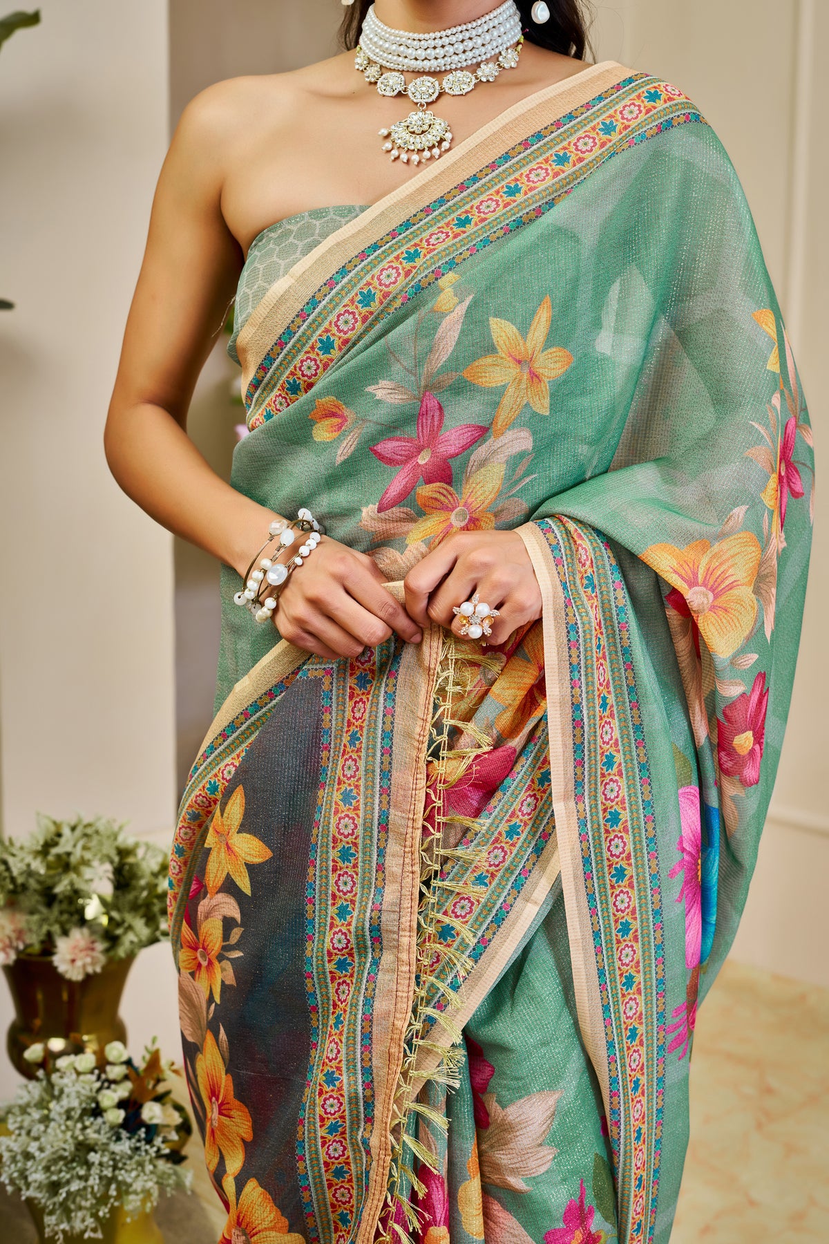 Sea Green Tissue Silk Saree with Multicolour Floral Design, Decorative Border and Running Blouse for Festive Wear