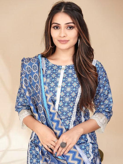 Blue printed Kurta with Trousers with dupatta - Swaraas