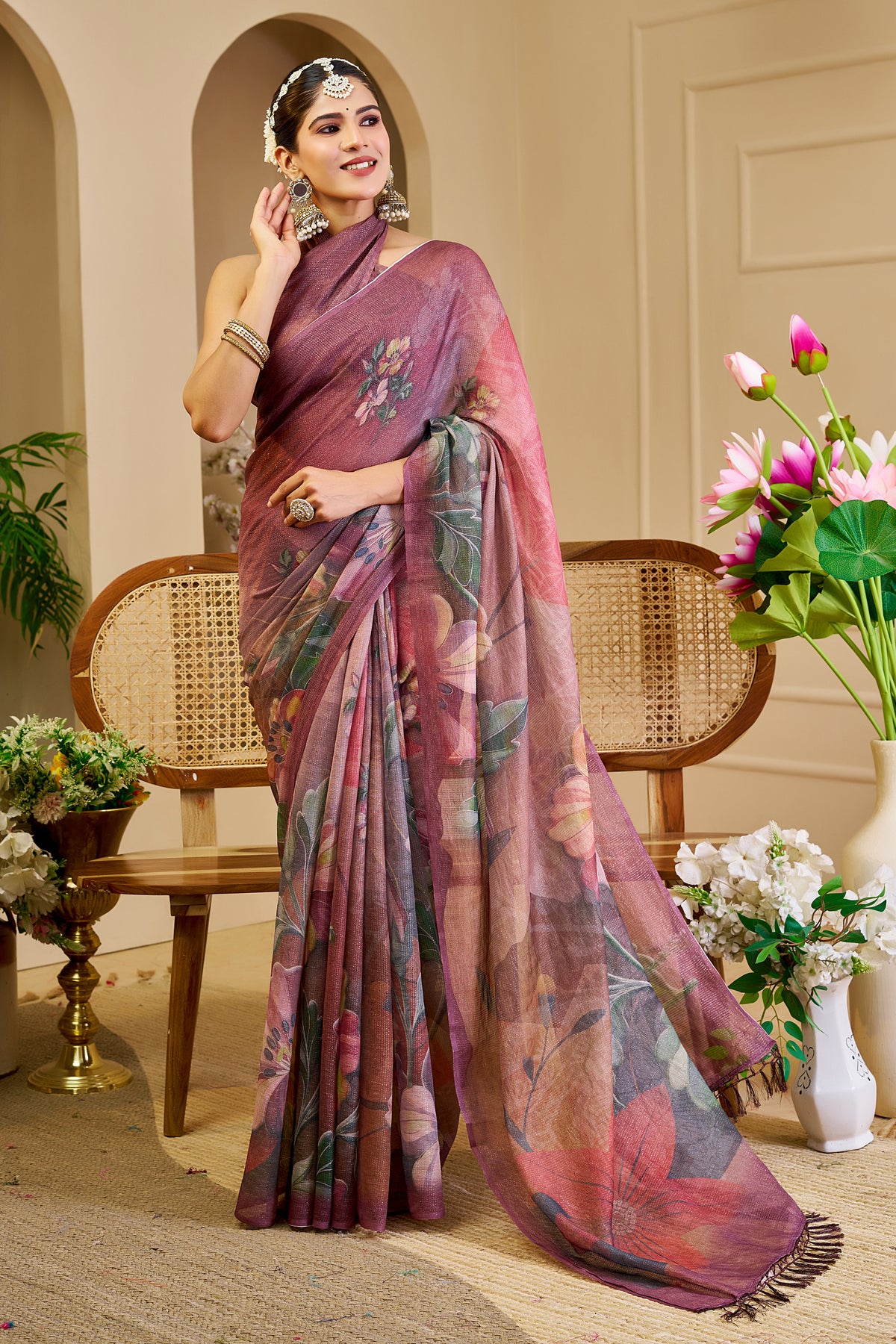 Mauve Tissue Silk Saree with Floral Design and Tassel Pallu for Festive Wear, 6.3 Metres with Running Blouse