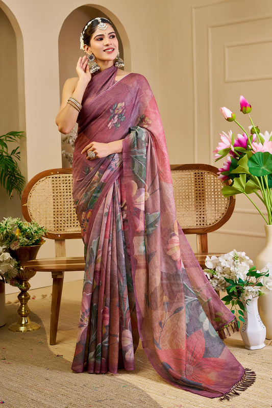 Mauve Tissue Silk Saree with Floral Design and Tassel Pallu for Festive Wear, 6.3 Metres with Running Blouse