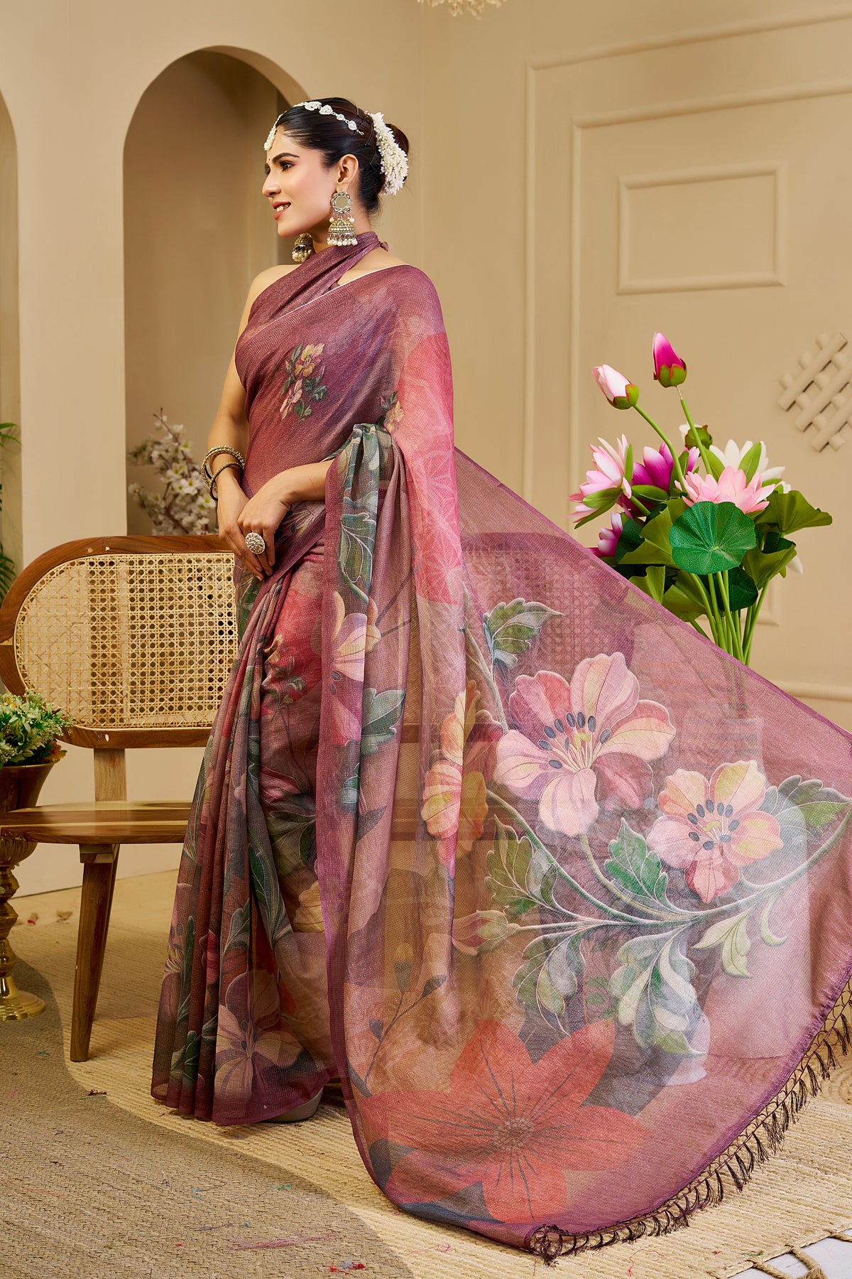 Mauve Tissue Silk Saree with Floral Design and Tassel Pallu for Festive Wear, 6.3 Metres with Running Blouse