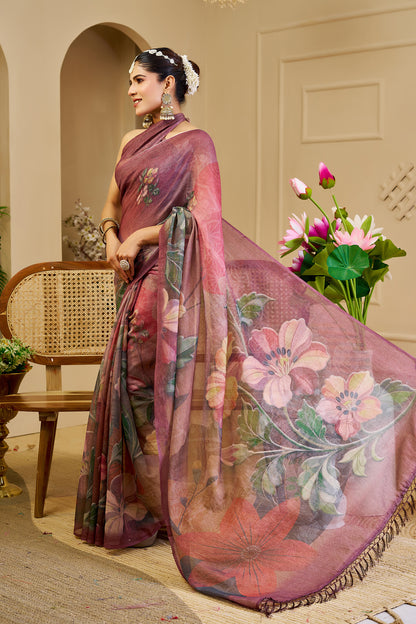 Mauve Tissue Silk Saree with Floral Design and Tassel Pallu for Festive Wear, 6.3 Metres with Running Blouse