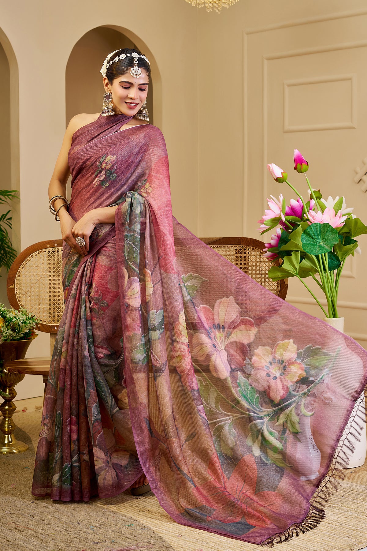 Mauve Tissue Silk Saree with Floral Design and Tassel Pallu for Festive Wear, 6.3 Metres with Running Blouse