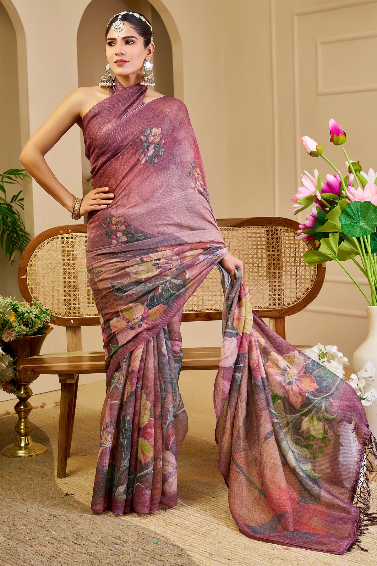 Mauve Tissue Silk Saree with Floral Design and Tassel Pallu for Festive Wear, 6.3 Metres with Running Blouse