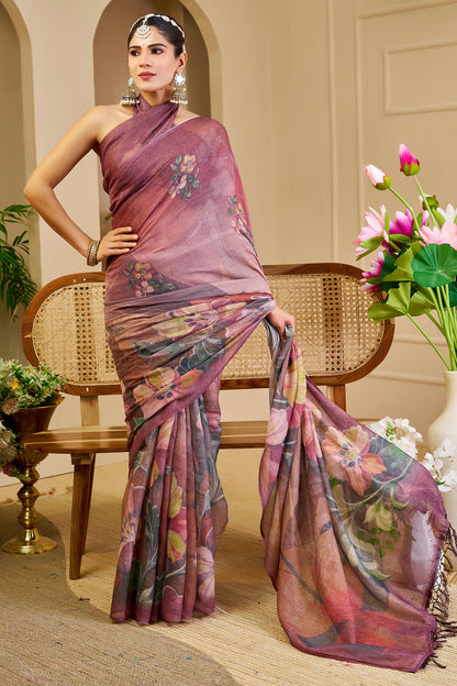 Mauve Tissue Silk Saree with Floral Design and Tassel Pallu for Festive Wear, 6.3 Metres with Running Blouse