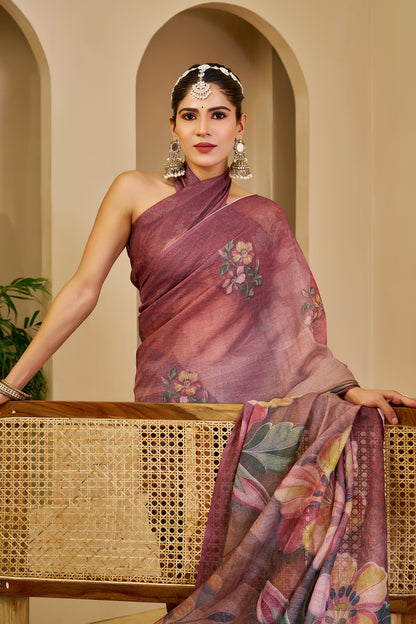 Mauve Tissue Silk Saree with Floral Design and Tassel Pallu for Festive Wear, 6.3 Metres with Running Blouse
