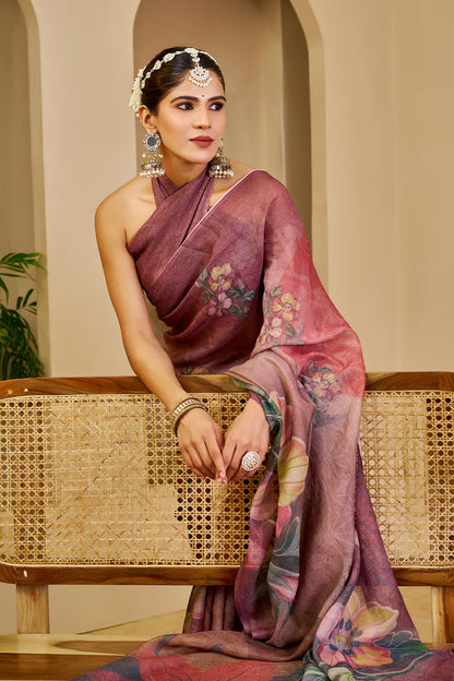 Mauve Tissue Silk Saree with Floral Design and Tassel Pallu for Festive Wear, 6.3 Metres with Running Blouse
