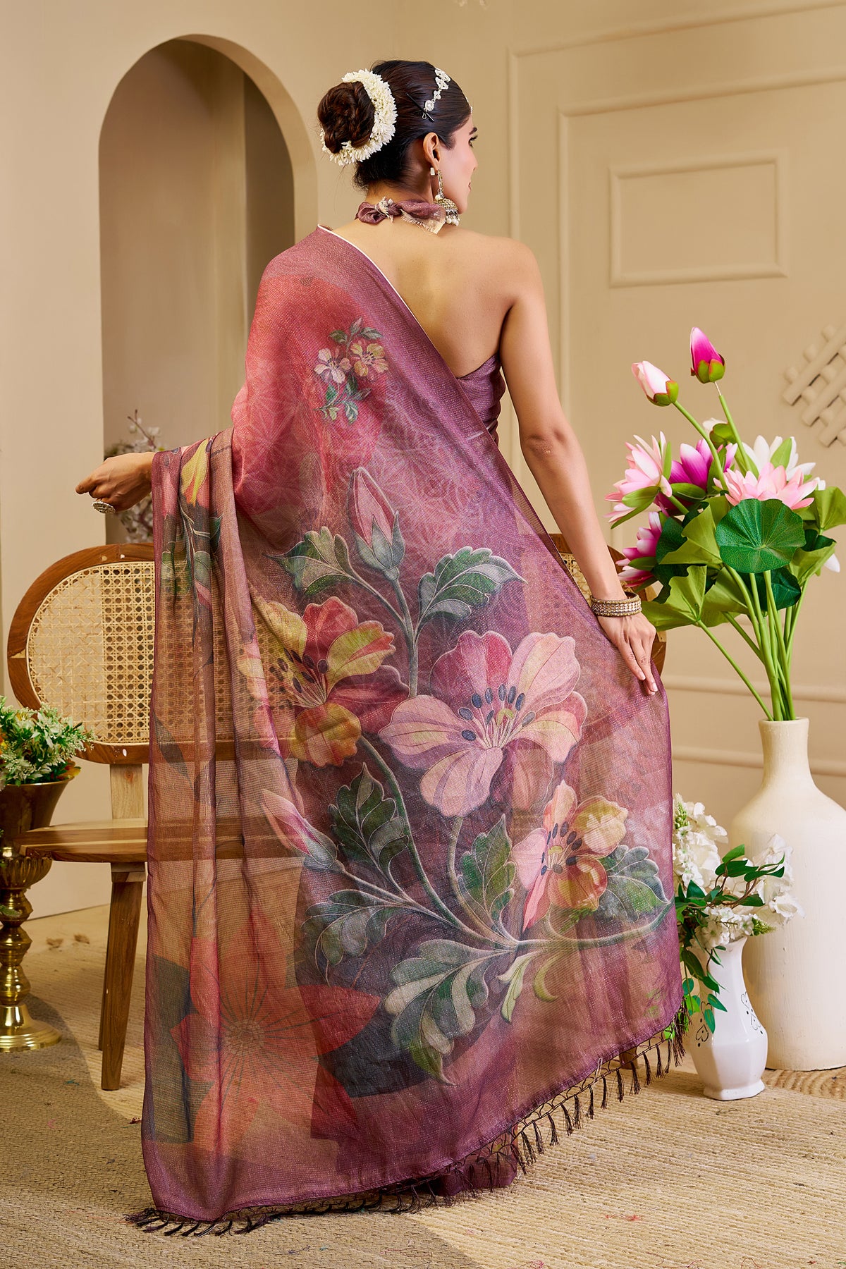 Mauve Tissue Silk Saree with Floral Design and Tassel Pallu for Festive Wear, 6.3 Metres with Running Blouse