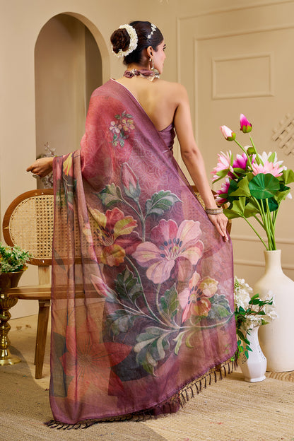 Mauve Tissue Silk Saree with Floral Design and Tassel Pallu for Festive Wear, 6.3 Metres with Running Blouse