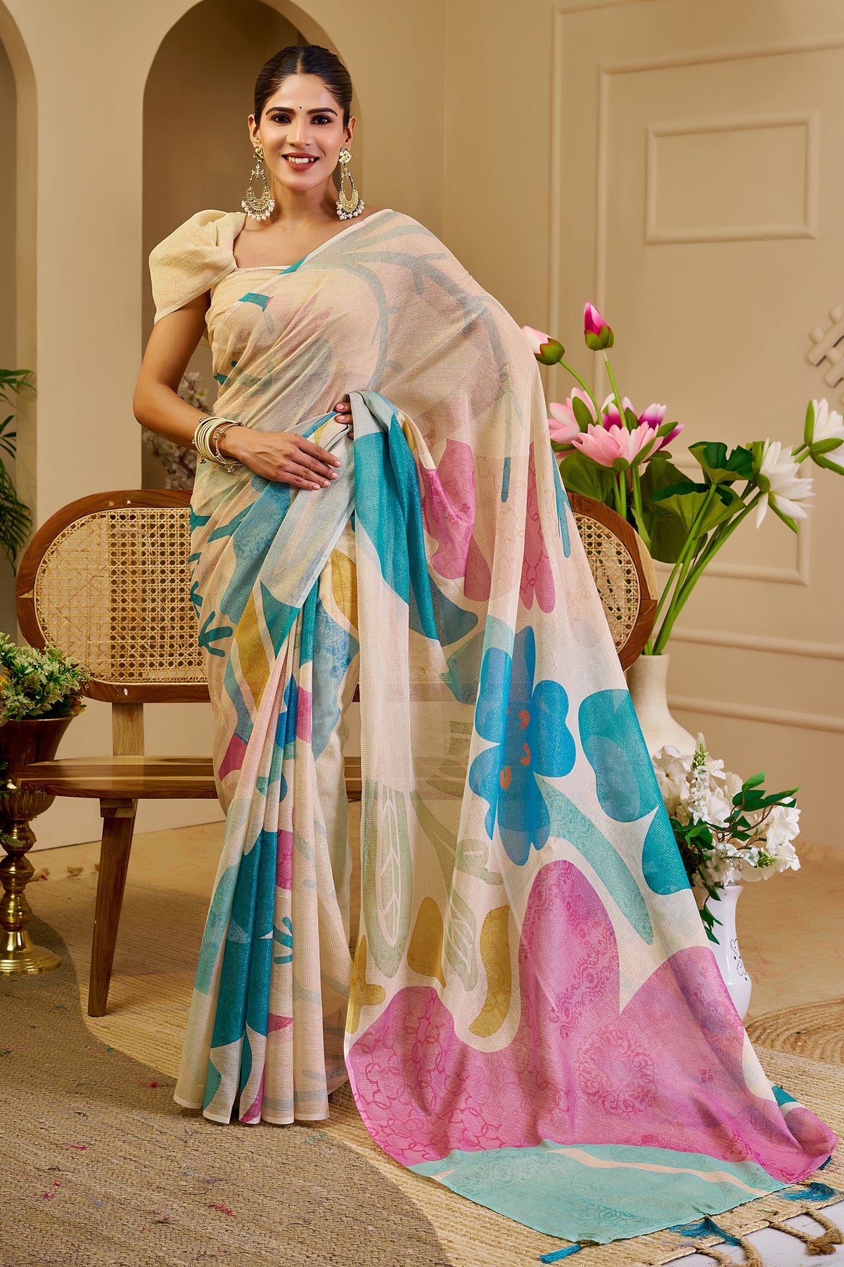 Ivory Tissue Silk Saree with Teal Blue and Pink Floral Design, Tassel Pallu and Running Blouse for Festive Wear