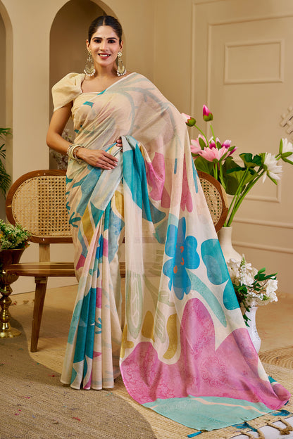 Ivory Tissue Silk Saree with Teal Blue and Pink Floral Design, Tassel Pallu and Running Blouse for Festive Wear