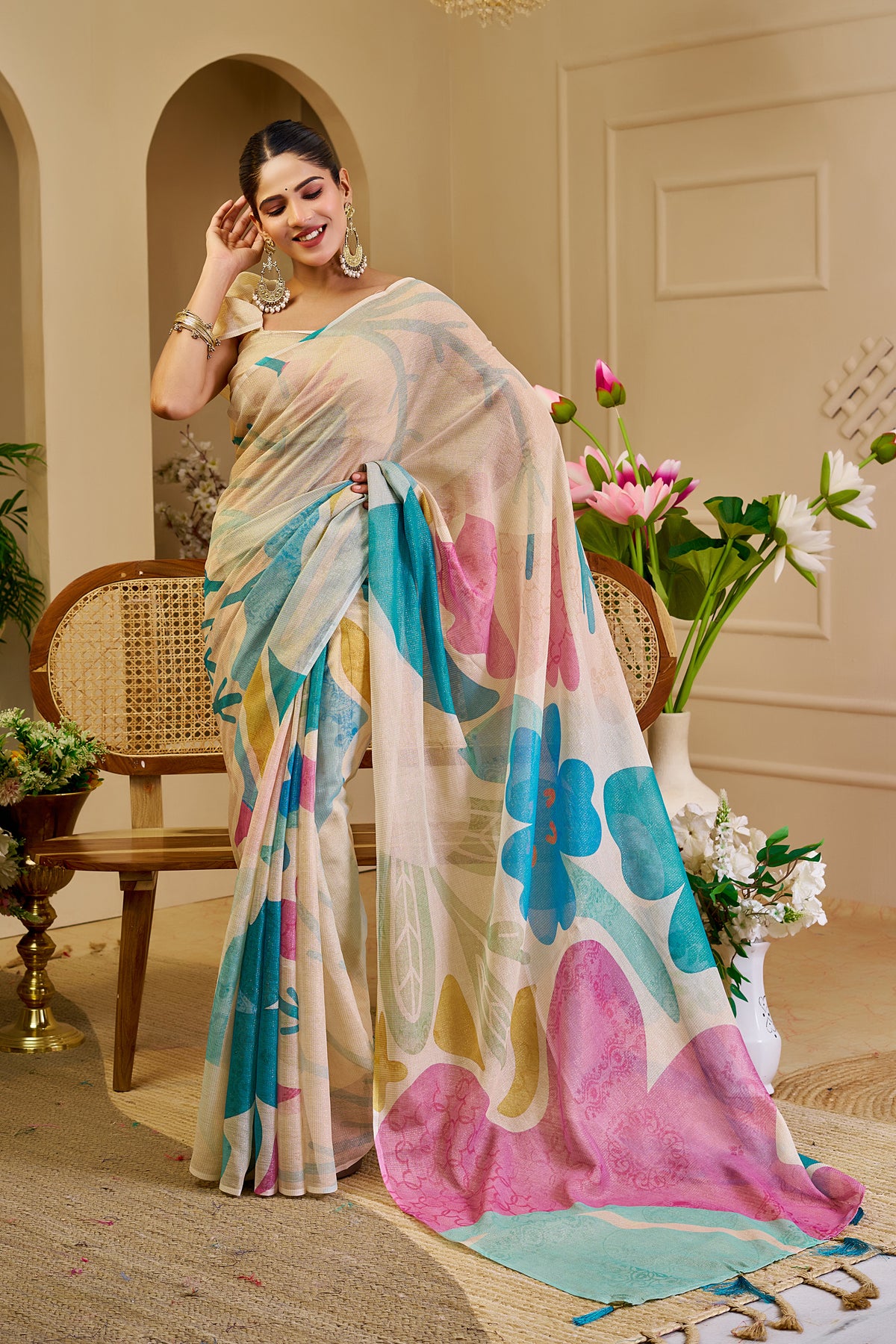 Ivory Tissue Silk Saree with Teal Blue and Pink Floral Design, Tassel Pallu and Running Blouse for Festive Wear