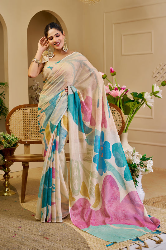 Ivory Tissue Silk Saree with Teal Blue and Pink Floral Design, Tassel Pallu and Running Blouse for Festive Wear