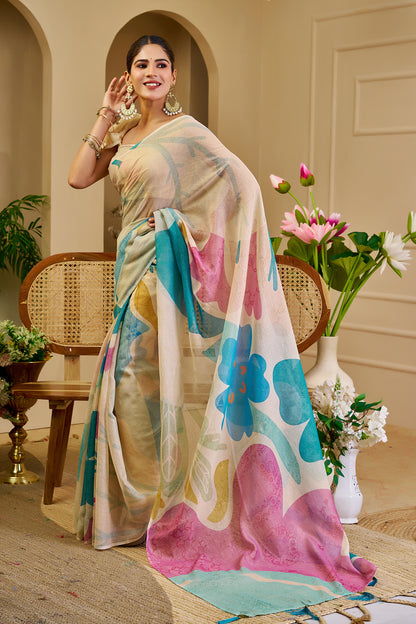 Ivory Tissue Silk Saree with Teal Blue and Pink Floral Design, Tassel Pallu and Running Blouse for Festive Wear