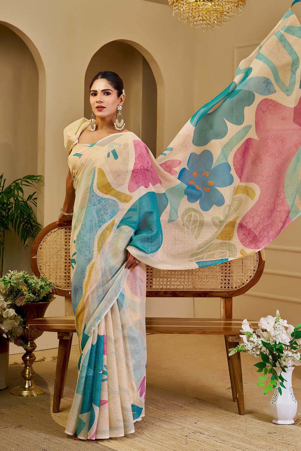 Ivory Tissue Silk Saree with Teal Blue and Pink Floral Design, Tassel Pallu and Running Blouse for Festive Wear