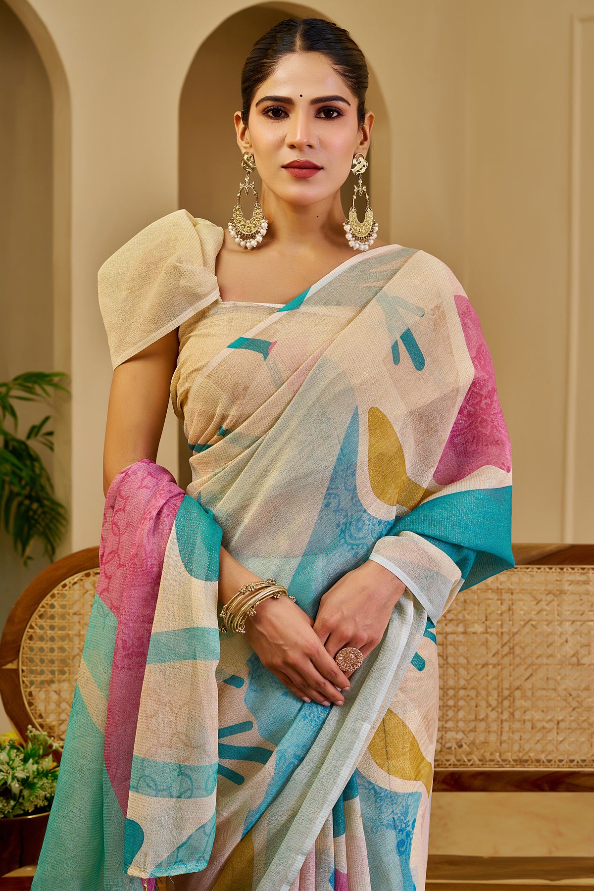 Ivory Tissue Silk Saree with Teal Blue and Pink Floral Design, Tassel Pallu and Running Blouse for Festive Wear