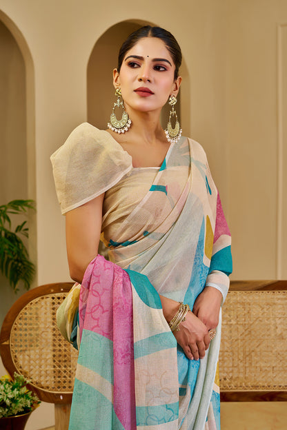Ivory Tissue Silk Saree with Teal Blue and Pink Floral Design, Tassel Pallu and Running Blouse for Festive Wear