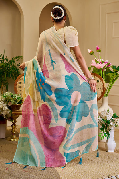 Ivory Tissue Silk Saree with Teal Blue and Pink Floral Design, Tassel Pallu and Running Blouse for Festive Wear