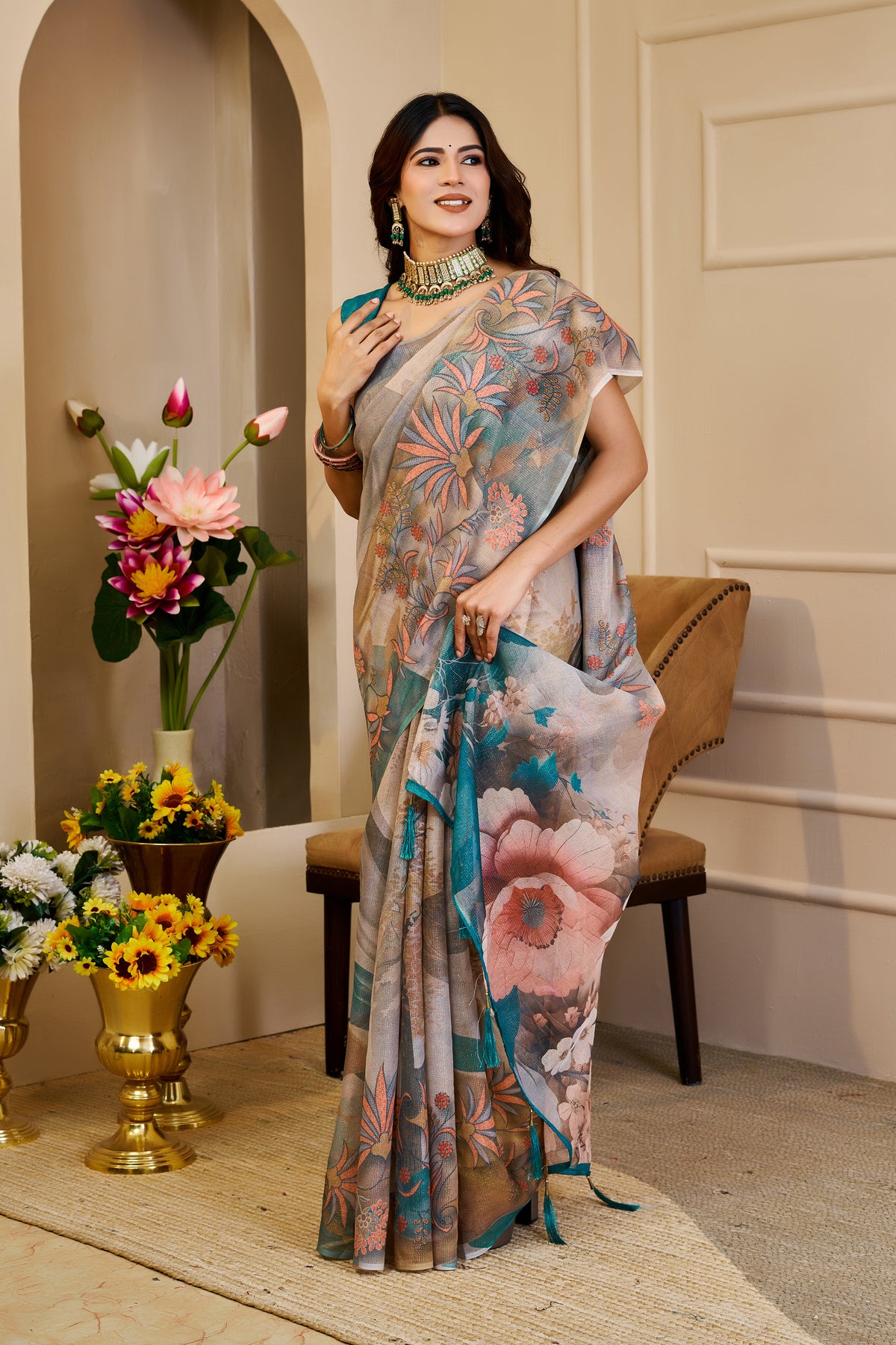 Silver Grey Tissue Silk Saree with Floral Print, Teal Accents and Running Blouse for Festive Celebrations