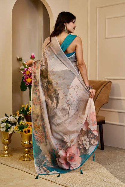 Silver Grey Tissue Silk Saree with Floral Print, Teal Accents and Running Blouse for Festive Celebrations