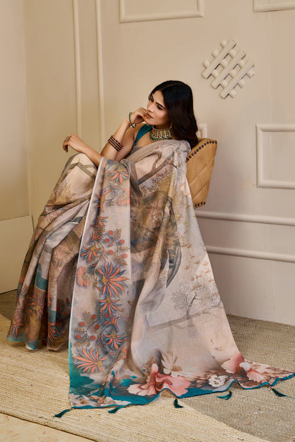 Silver Grey Tissue Silk Saree with Floral Print, Teal Accents and Running Blouse for Festive Celebrations