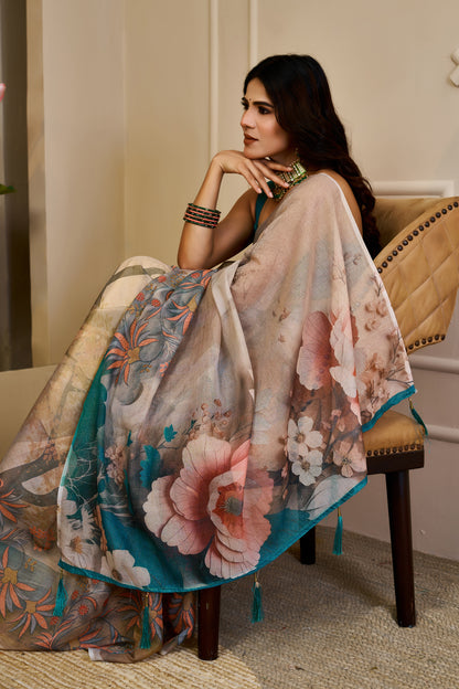 Silver Grey Tissue Silk Saree with Floral Print, Teal Accents and Running Blouse for Festive Celebrations