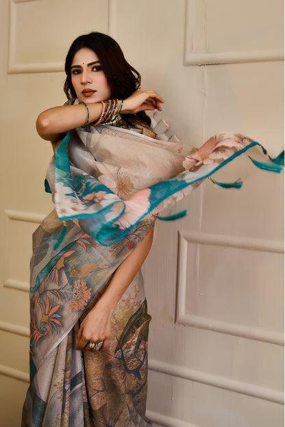 Silver Grey Tissue Silk Saree with Floral Print, Teal Accents and Running Blouse for Festive Celebrations