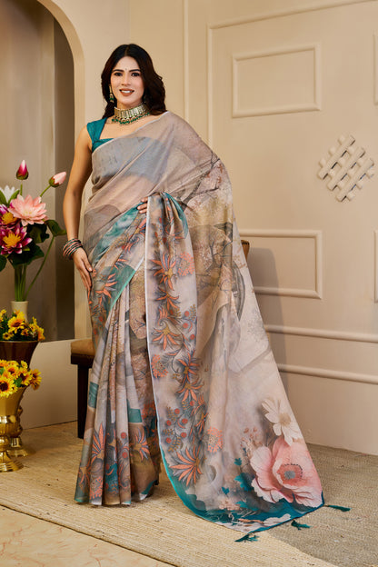 Silver Grey Tissue Silk Saree with Floral Print, Teal Accents and Running Blouse for Festive Celebrations