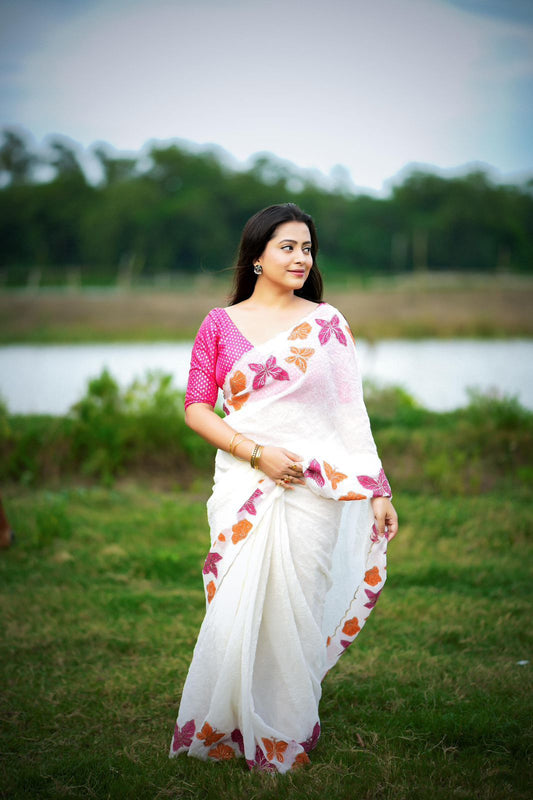 Butterfly Crush Soft Ivory White Chiffon Saree with Zari Embroidery & Banarasi Silk Blouse – AK 481