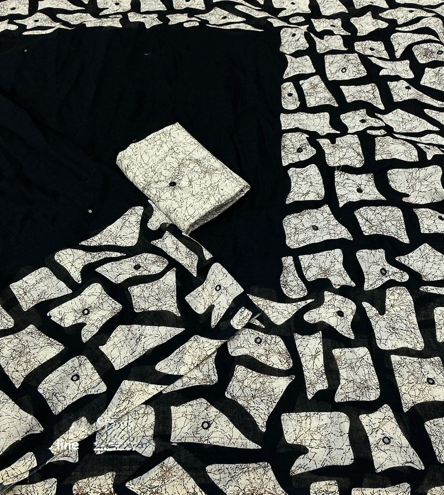Black white batik linen saree - full spread view