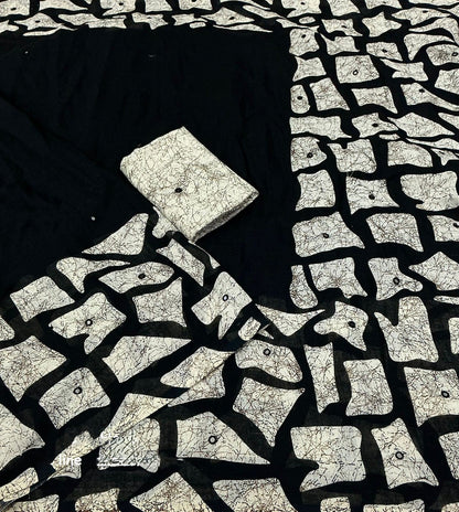 Black white batik linen saree - full spread view