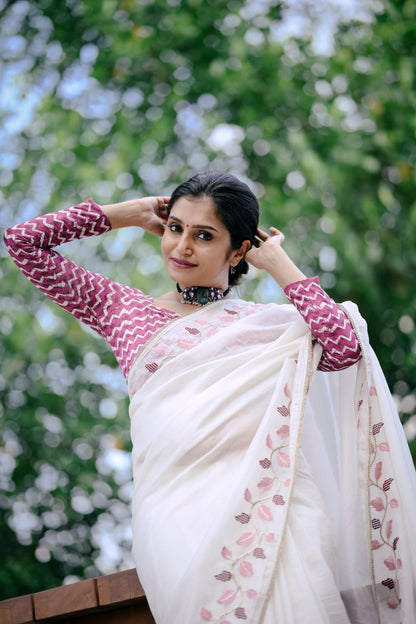 Premium Crushed Georgette Designer Saree in White Leaf Edition with Batik Print Crape Silk Blouse