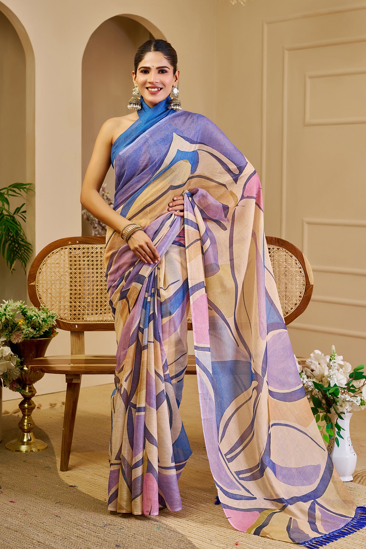 Lavender and Beige Tissue Silk Saree with Multicolour Abstract Design, Blue Tassels and Running Blouse for Festive Wear
