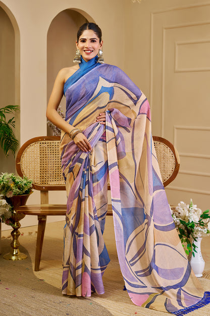 Lavender and Beige Tissue Silk Saree with Multicolour Abstract Design, Blue Tassels and Running Blouse for Festive Wear