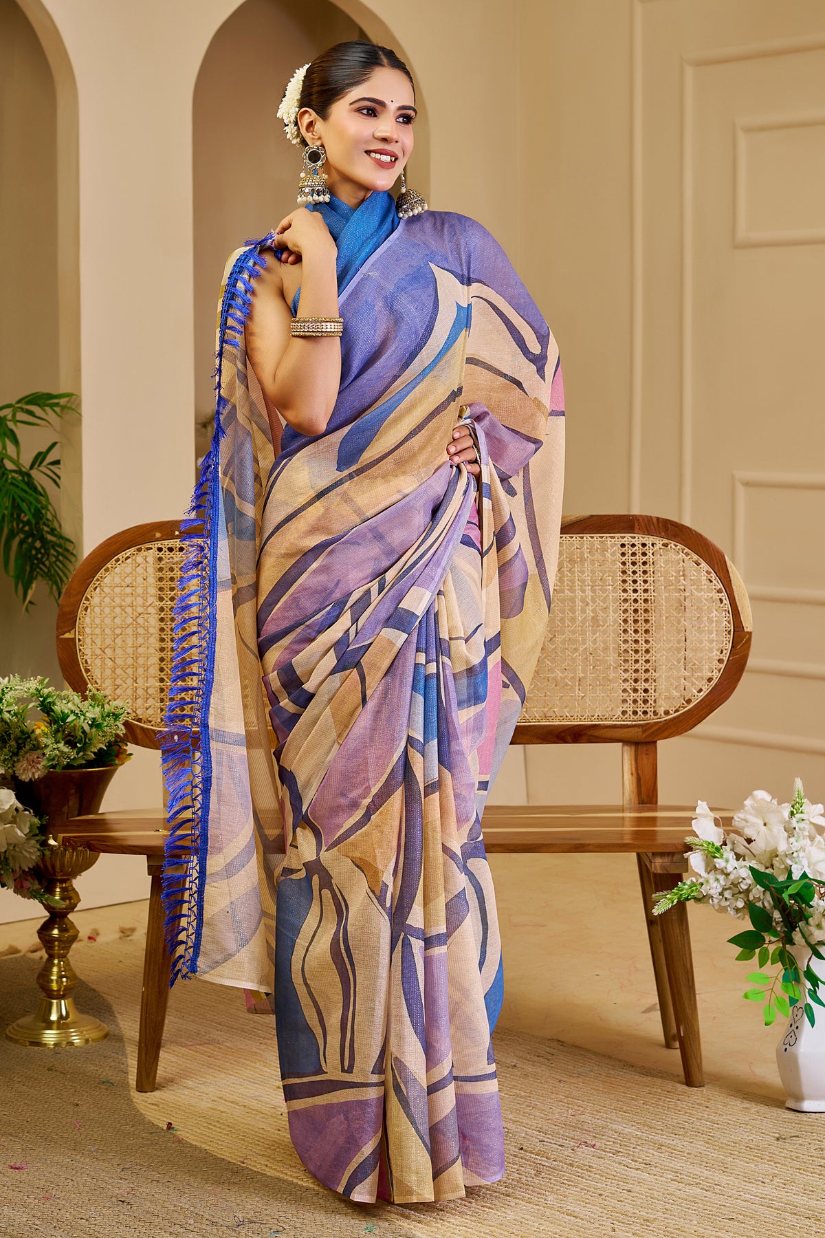 Lavender and Beige Tissue Silk Saree with Multicolour Abstract Design, Blue Tassels and Running Blouse for Festive Wear