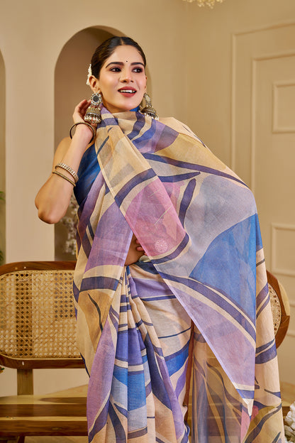 Lavender and Beige Tissue Silk Saree with Multicolour Abstract Design, Blue Tassels and Running Blouse for Festive Wear