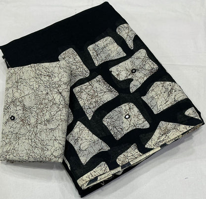 Black white batik linen saree - border detail