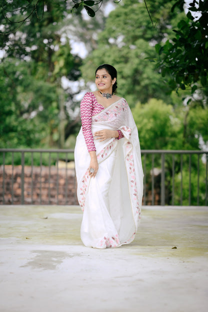 Premium Crushed Georgette Designer Saree in White Leaf Edition with Batik Print Crape Silk Blouse