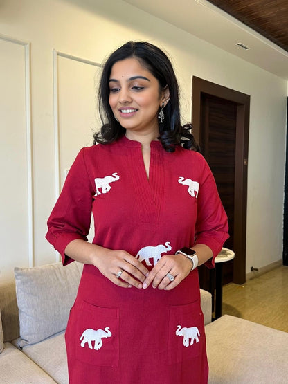 Elephant embroidered cotton pant set - Swaraas