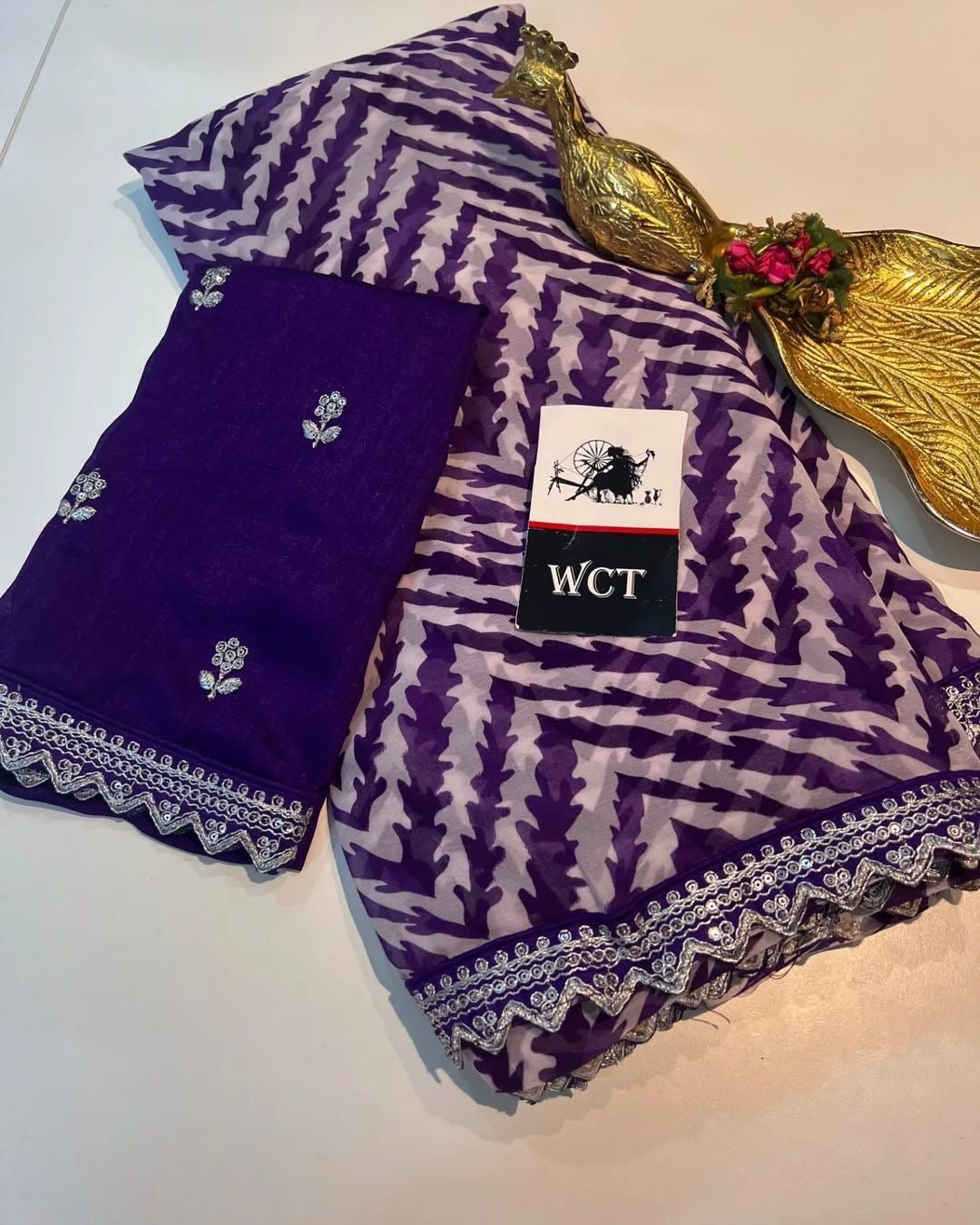 Lehriya Georgette Printed Saree with Heavy Sequin Lace Border & Silk Embroidered Blouse – Lahriya Special Collection