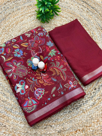 Mul Cotton Silk Kalamkari Print Saree with Zari Border – 6.30 Mtrs