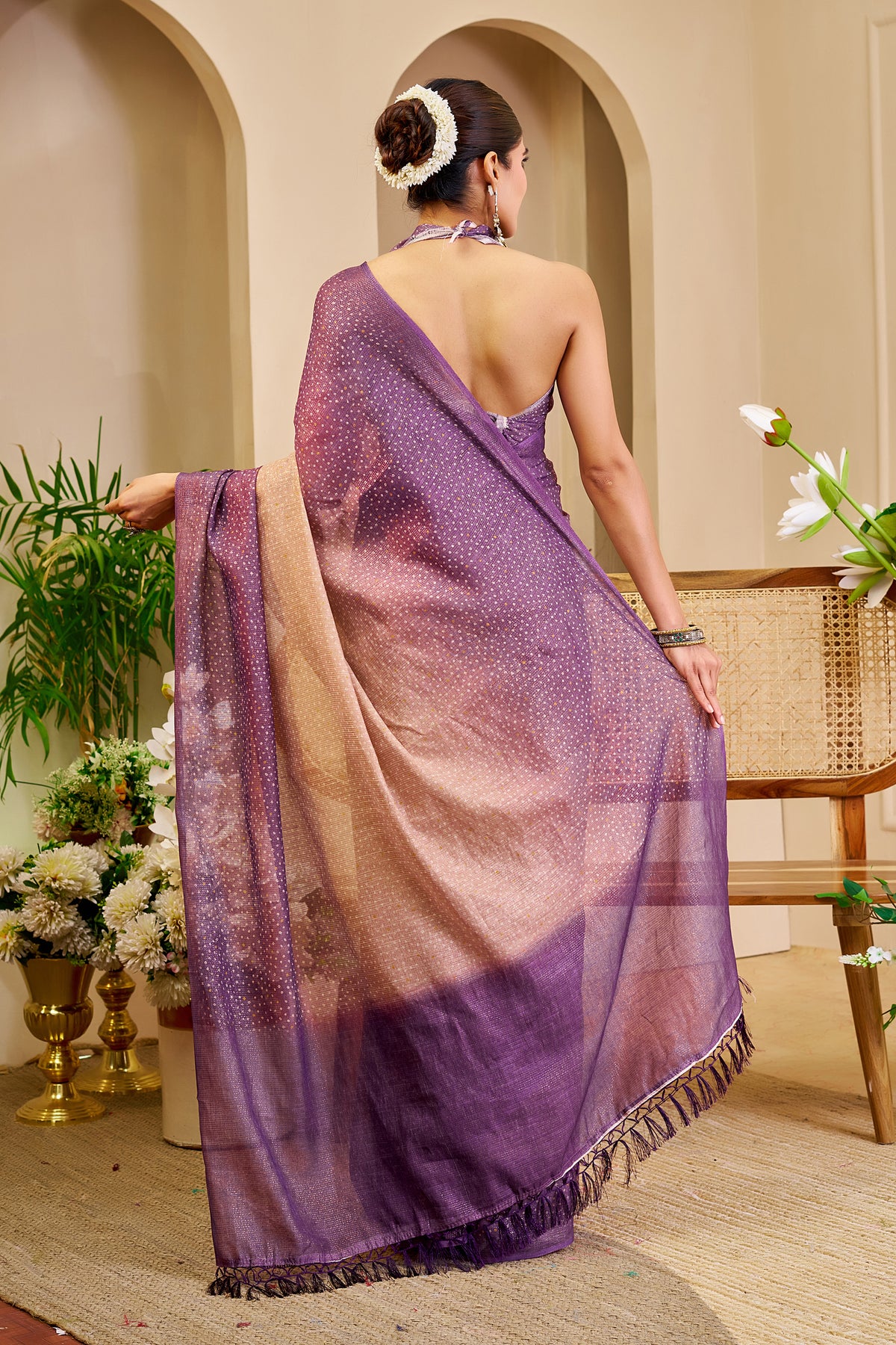 Mauve Purple and Rose Gold Tissue Silk Saree with Shimmering Dotted Design and Running Blouse for Festive Occasions