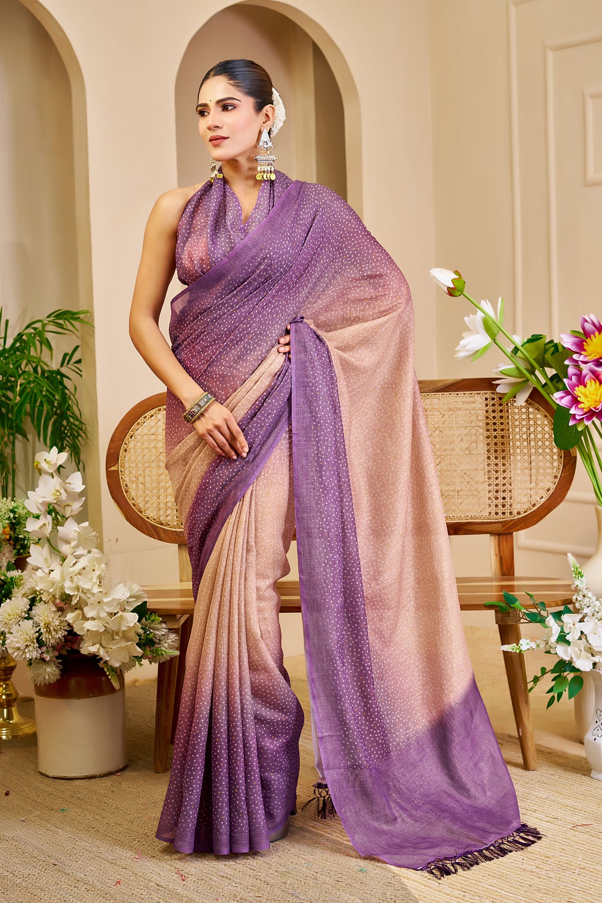 Mauve Purple and Rose Gold Tissue Silk Saree with Shimmering Dotted Design and Running Blouse for Festive Occasions