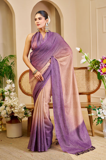Mauve Purple and Rose Gold Tissue Silk Saree with Shimmering Dotted Design and Running Blouse for Festive Occasions