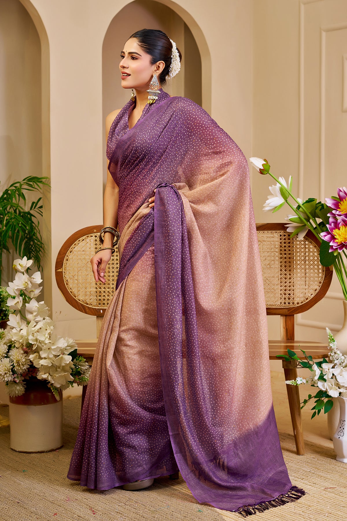 Mauve Purple and Rose Gold Tissue Silk Saree with Shimmering Dotted Design and Running Blouse for Festive Occasions