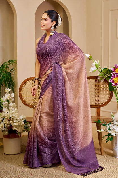 Mauve Purple and Rose Gold Tissue Silk Saree with Shimmering Dotted Design and Running Blouse for Festive Occasions