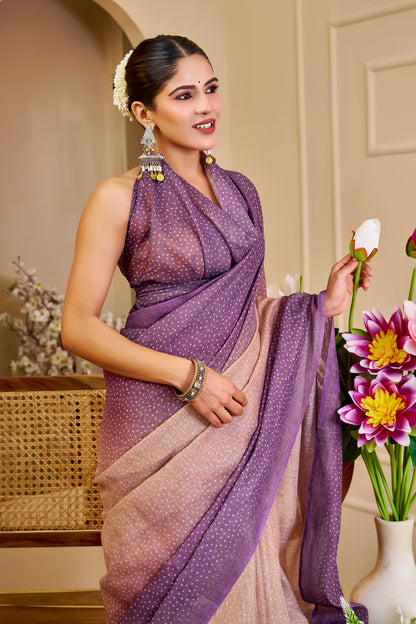 Mauve Purple and Rose Gold Tissue Silk Saree with Shimmering Dotted Design and Running Blouse for Festive Occasions